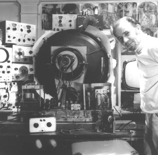 Pietro Antonio Narducci with his oscilloscope and synthesizer rig